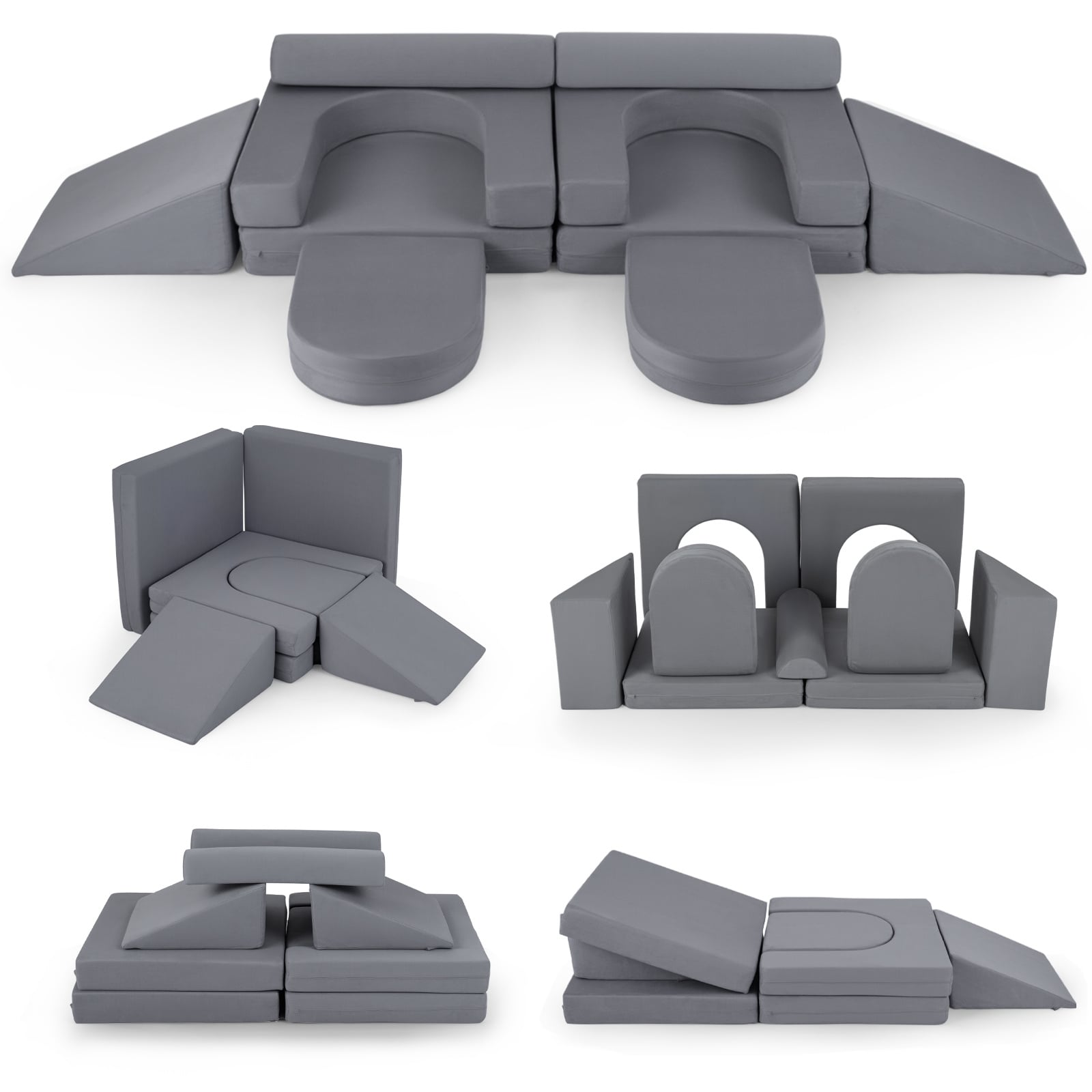 Costway Grey 10 Pcs Modular Kids Play Couch Toddler Climb And Crawl Foam Playset