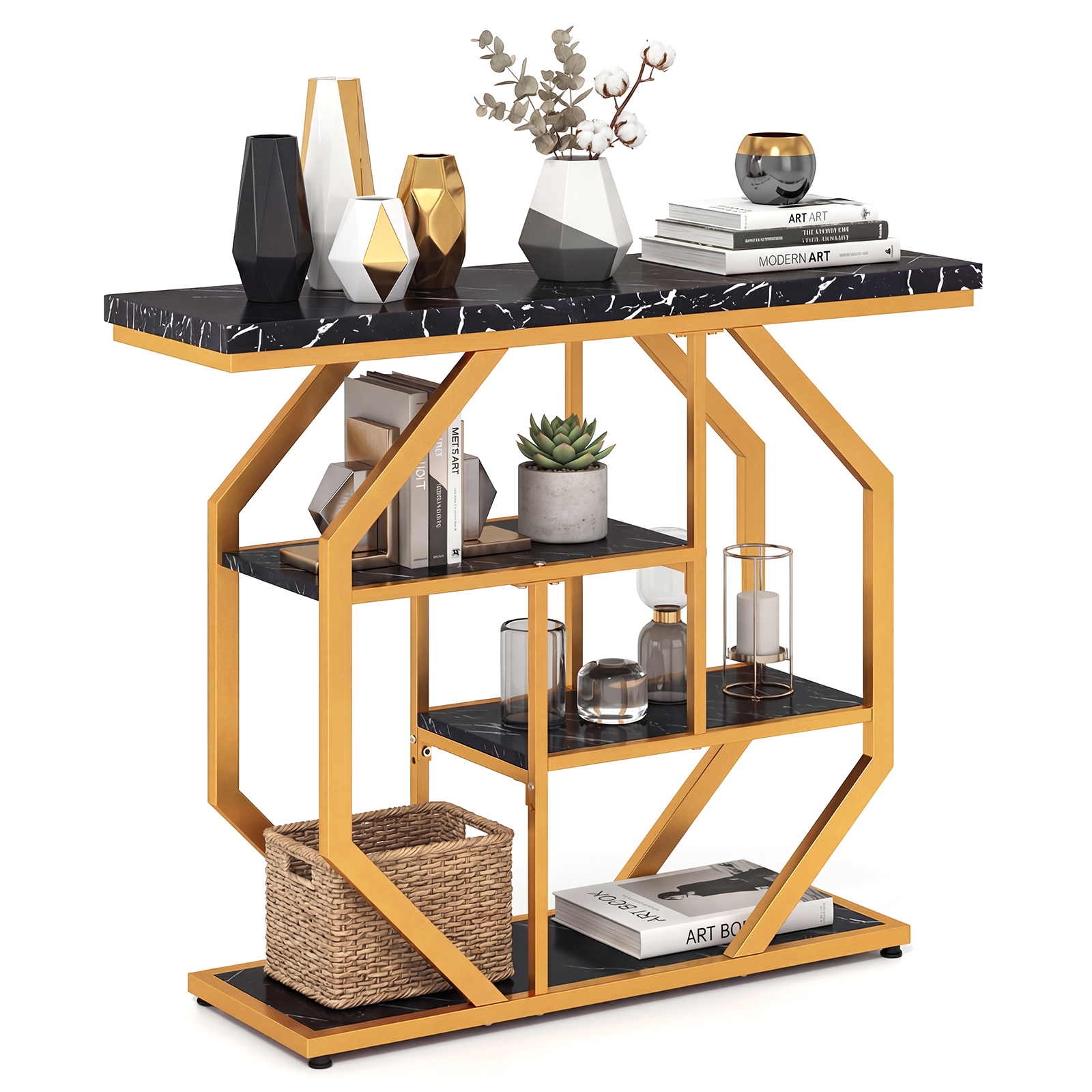 Costway Black & Gold 100Cm 4-Tier Modern Entryway Table With Storage Shelves For Hallway