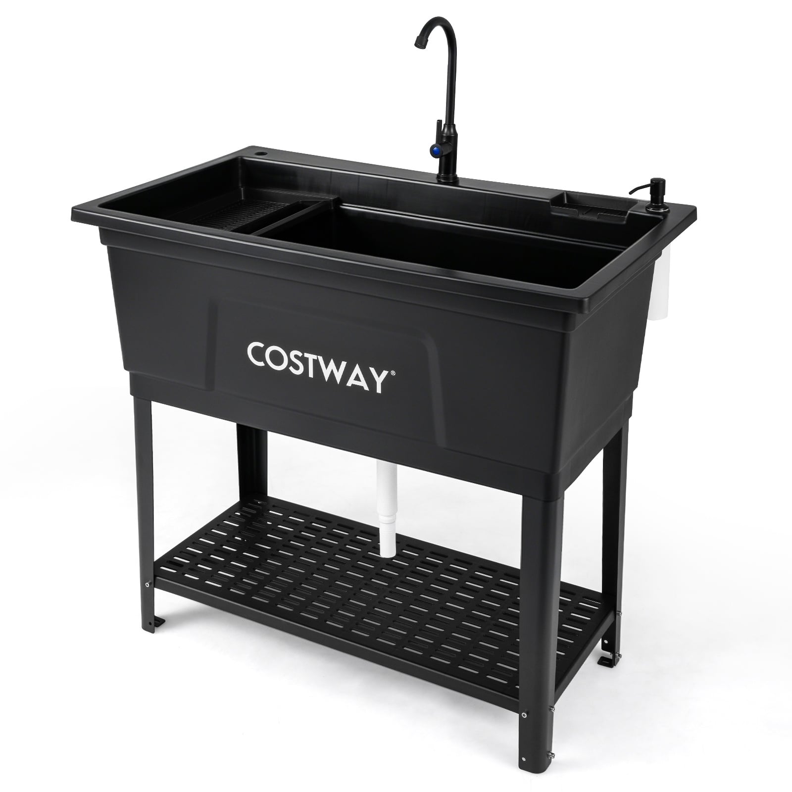 Costway Black 100L Utility Sink Laundry Tub With Rotating Faucet Storage Shelf Drip Tray Adjustable Legs
