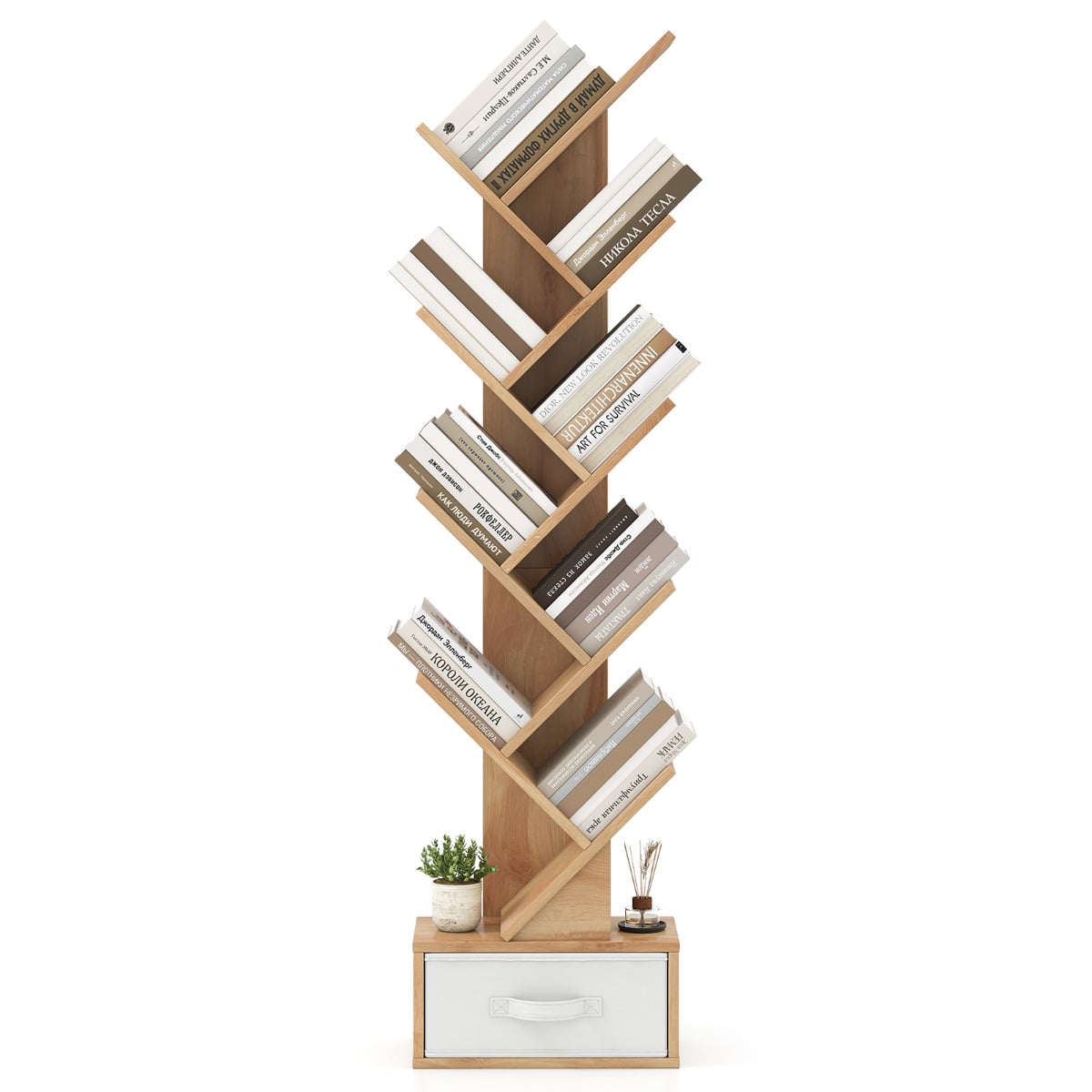 Costway Beige 10-Tier Freestanding Tree Bookshelf With Drawer