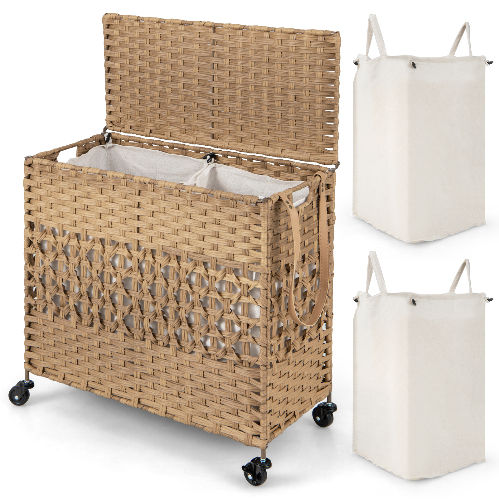 Costway Natural 110L Collapsible Laundry Hamper Lid And Removable Liner Bag