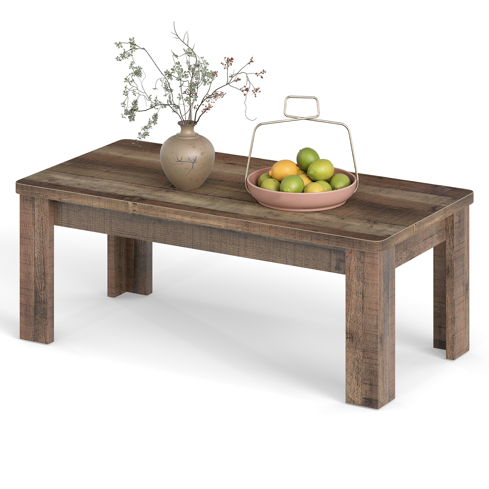 Costway Brown 120 Cm Farmhouse Coffee Table With Spacious Tabletop
