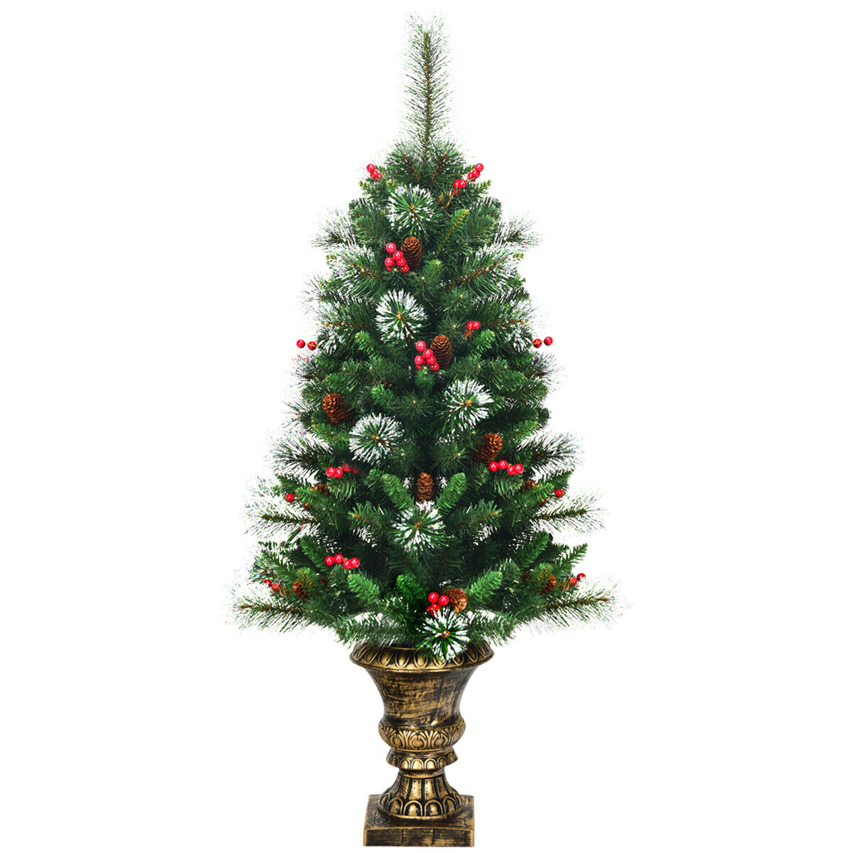 Costway Red 4Ft/ 120Cm Artificial Christmas Tree With Pine Cones And Decorative Pot