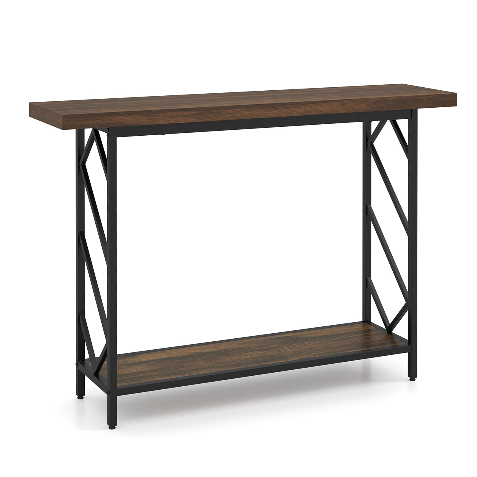 Costway Rustic Brown 120Cm Narrow Console Table 2-Tier Metal Frame With Open Storage Shelf