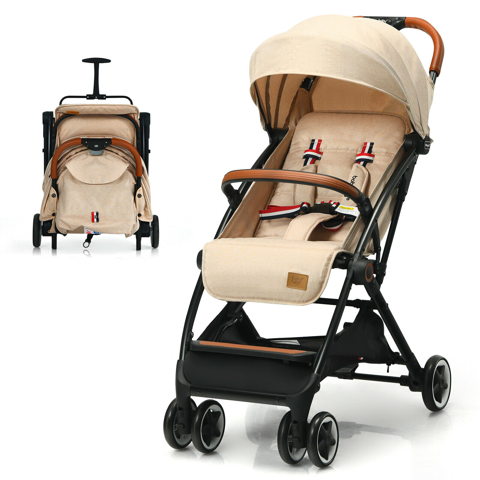 Costway Beige Folding Pushchair With Adjustable Backrest And Footrest