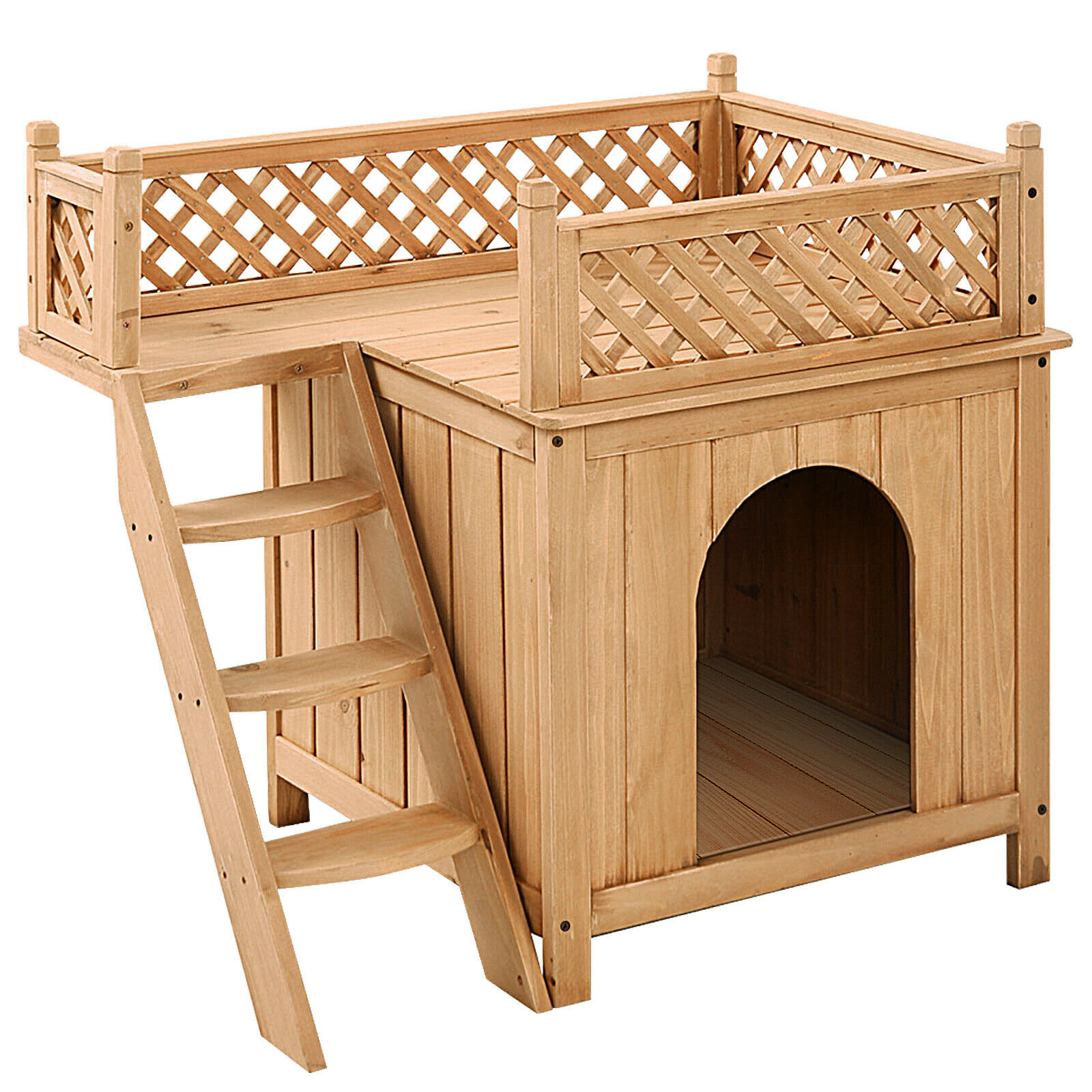 Wooden Dog / Cat House with Raised Roof Balcony & Ladder
