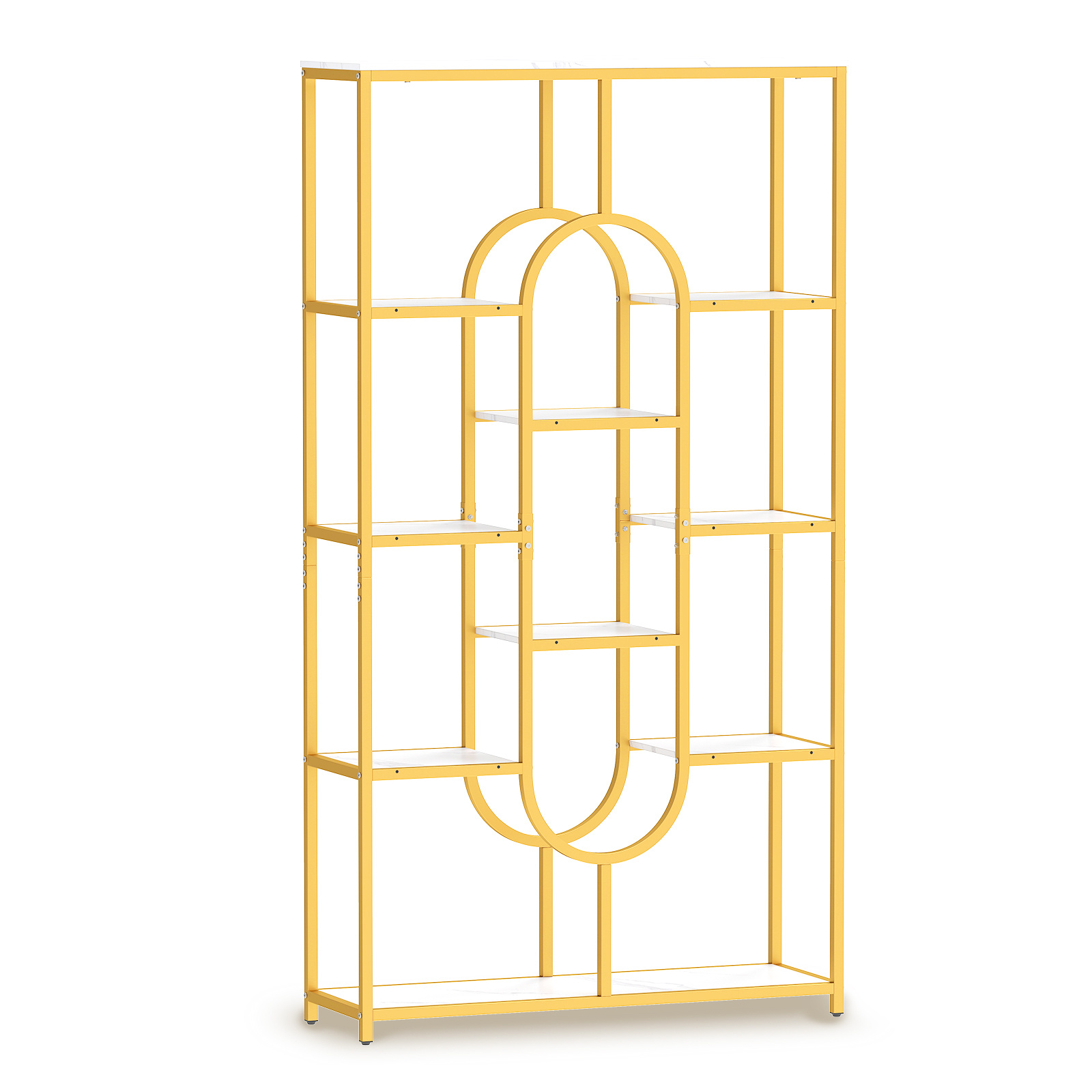 Costway White & Golden 175Cm 10-Tier Geometric Bookshelf With Faux Marble Shelves
