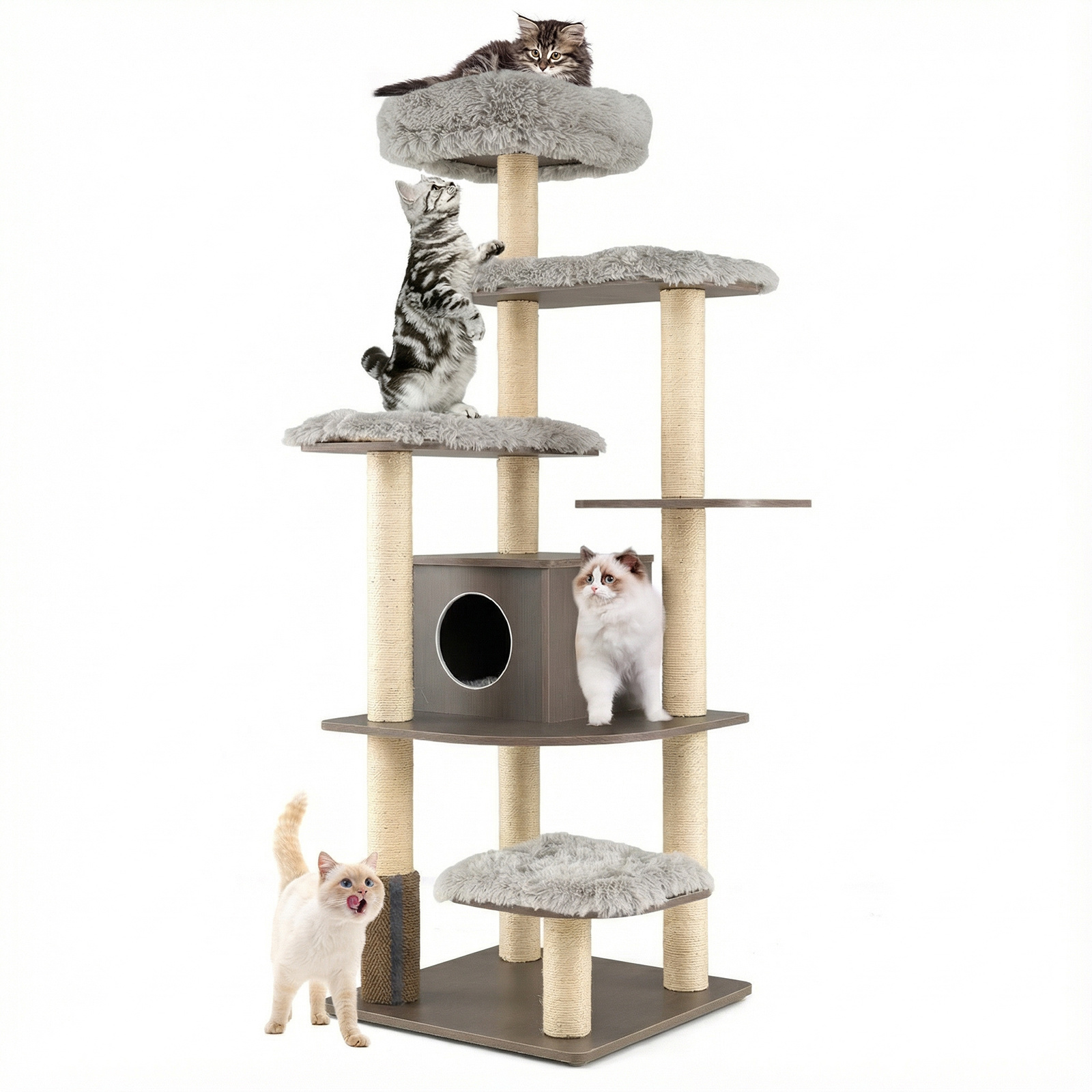 Costway Grey 179 Cm Tall Wooden Cat Tree With Sisal Scratching Posts