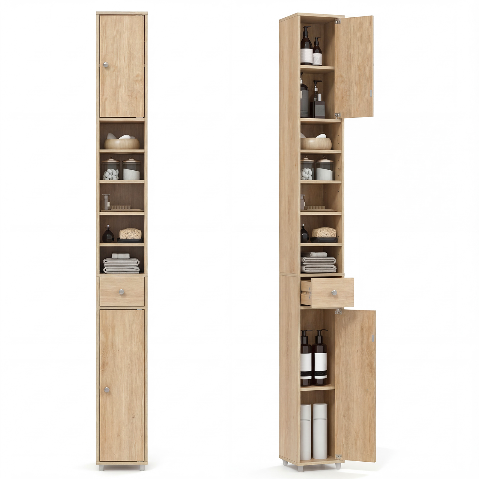 Costway Natural 180Cm Tall Freestanding Bathroom Cabinet With 2 Doors And 1 Drawer