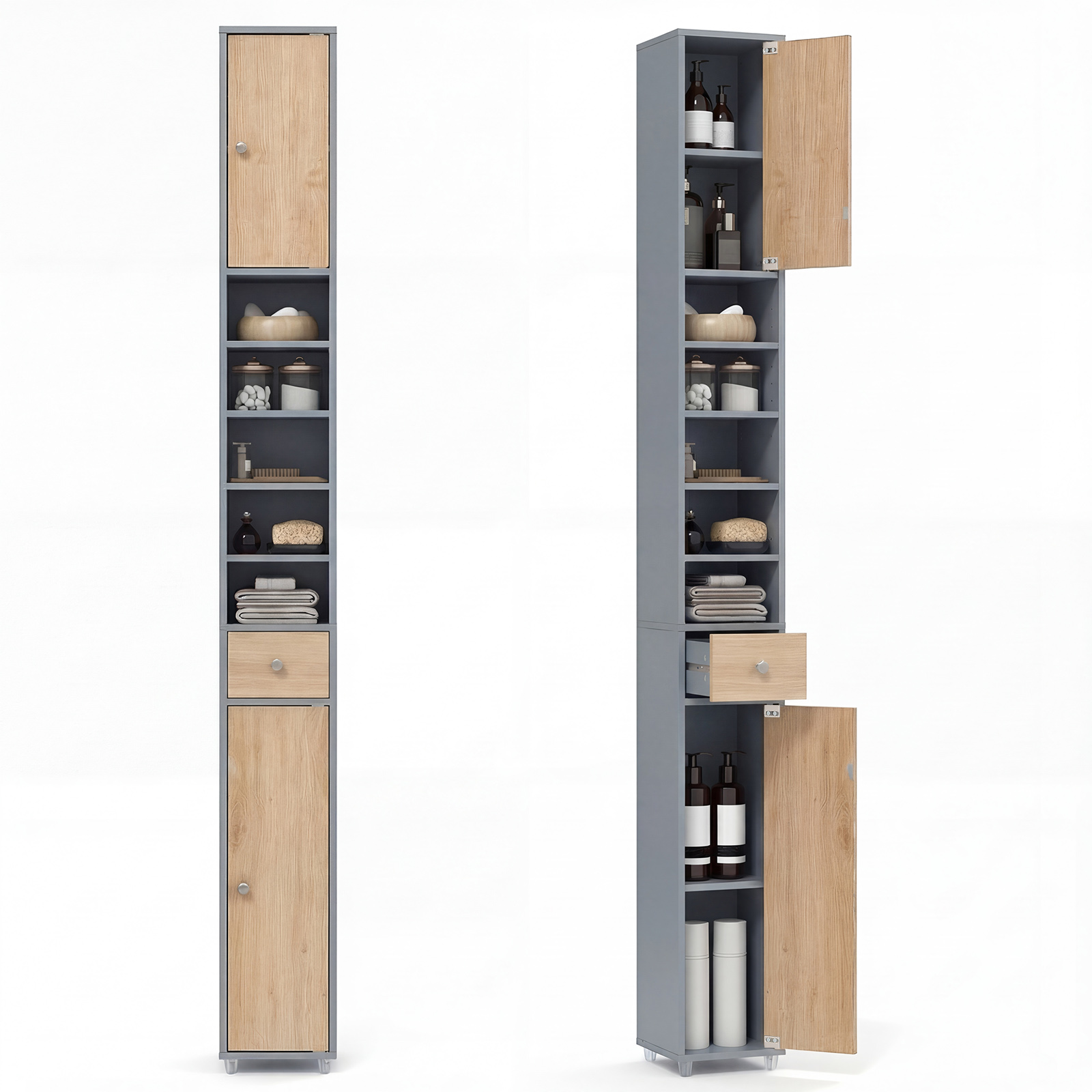 Costway Oak 180Cm Tall Freestanding Bathroom Cabinet With 2 Doors And 1 Drawer