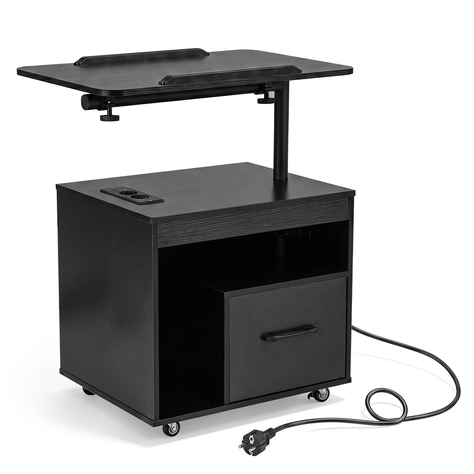 Costway Black Set Of 2 Nightstand With Charging Station And Rotatable Tabletop For Bedroom