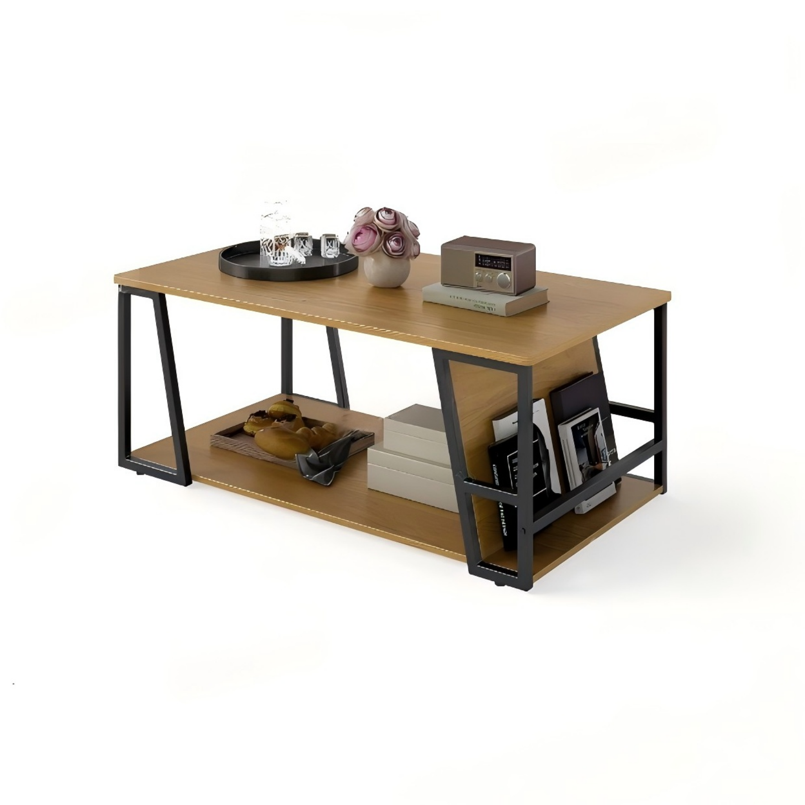 Costway Natural 2-Tier Coffee Table With Storage Shelf And Open Compartment