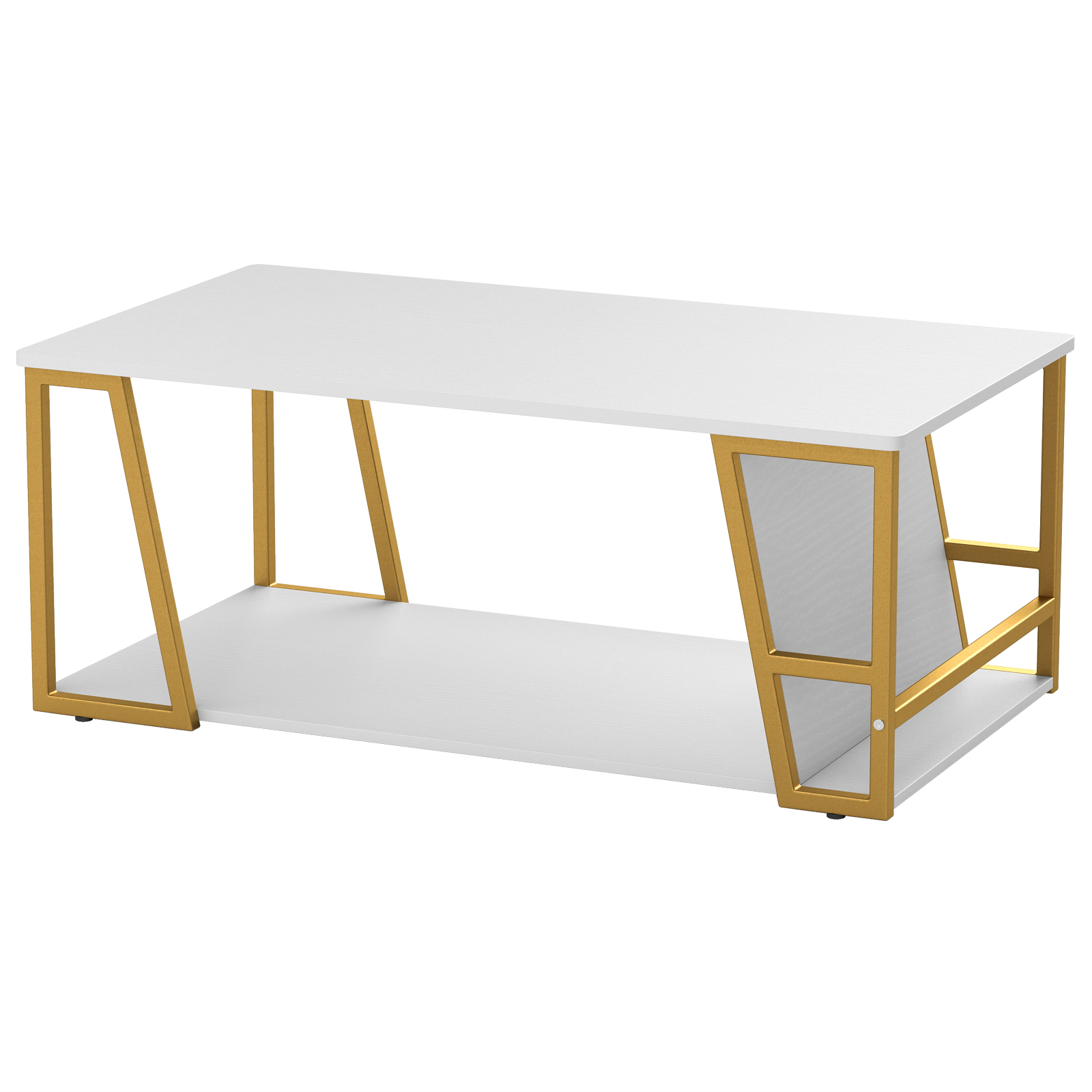 Costway White & Golden 2-Tier Coffee Table With Storage Shelf And Open Compartment