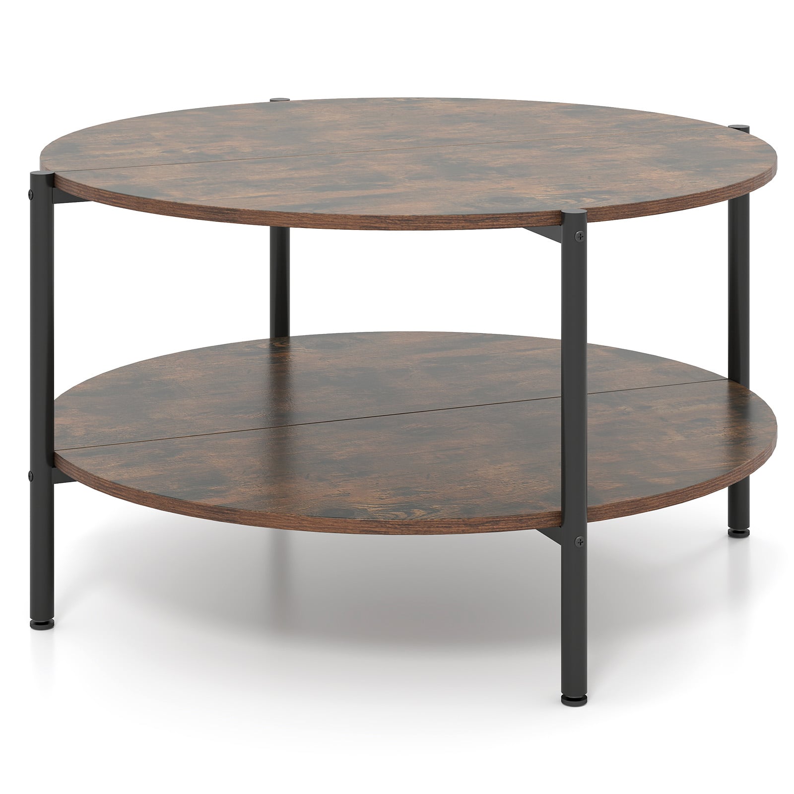 Costway Rustic Brown 2-Tier Industrial Round Coffee Table With Open Storage Shelf-Rusitc Brown