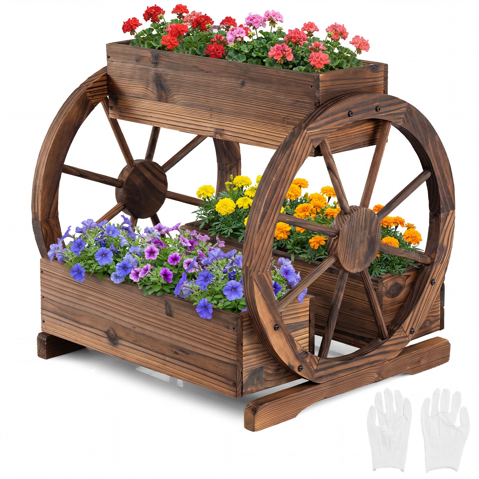 Costway Coffee 2-Tier Rustic Wood Wagon Planter With 3 Growing Boxes And Drainage Holes