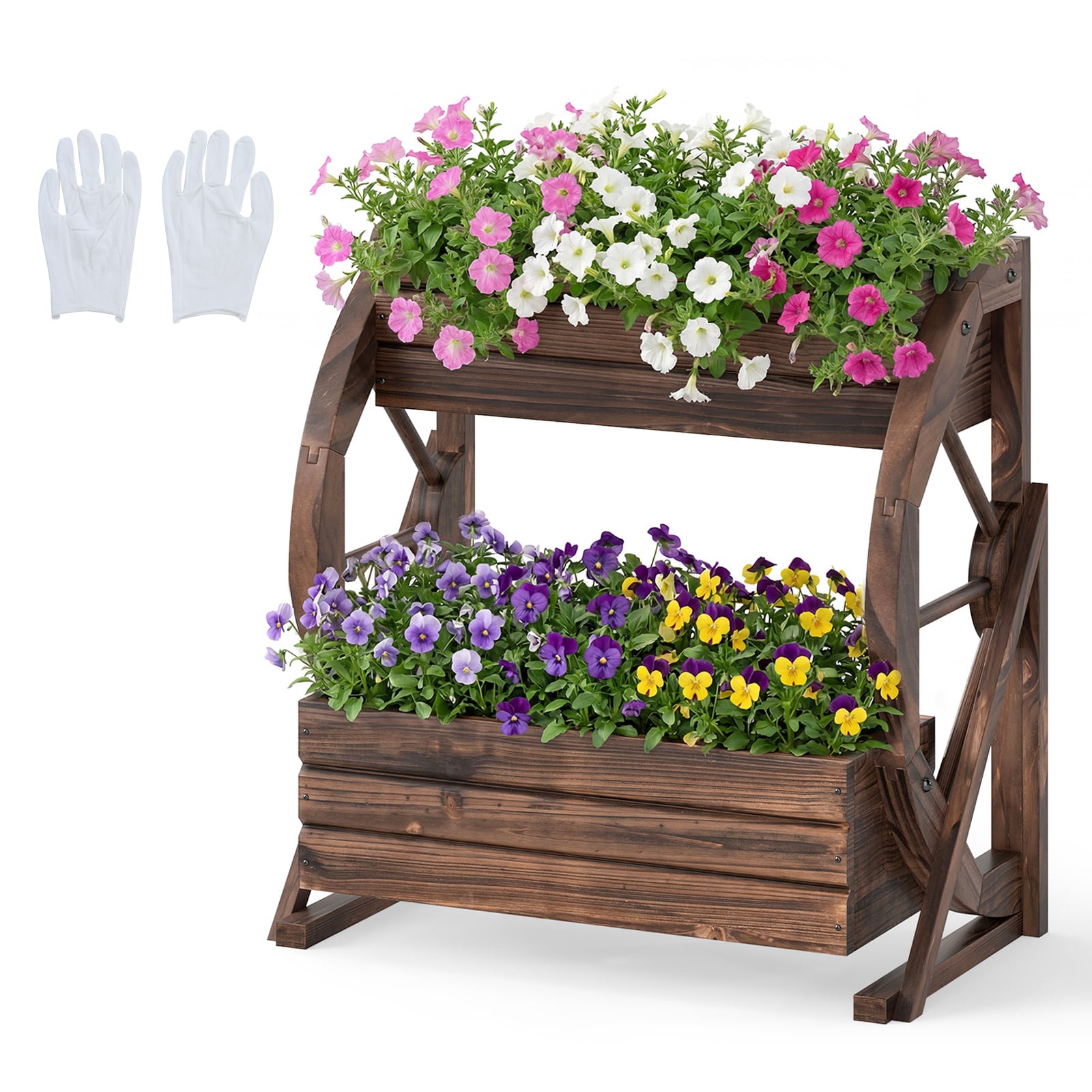 Costway Coffee 2-Tier Wood Wagon Planter Box With Drainage Holes For Flowers