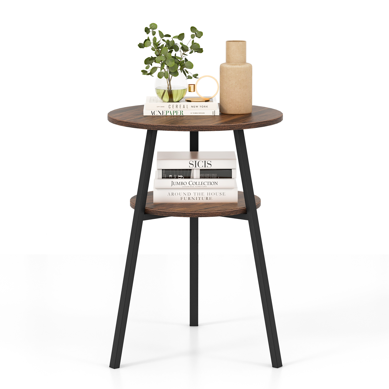 Costway Brown 2-Tier Wooden Round Side Table With Storage Shelf