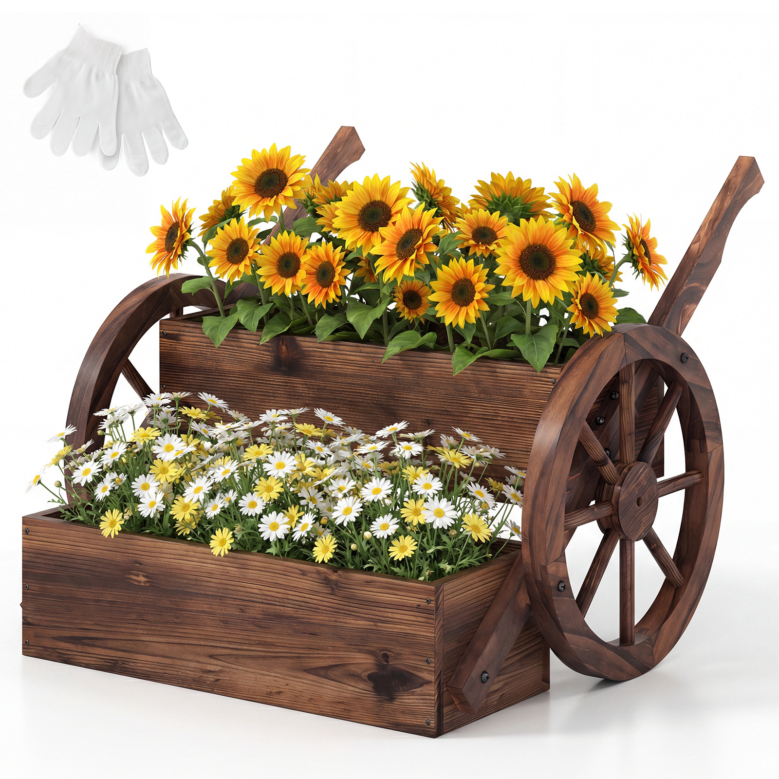 Costway Coffee 2-Tier Wooden Wagon Planter Box Decorative Raised Garden Bed With Wheels