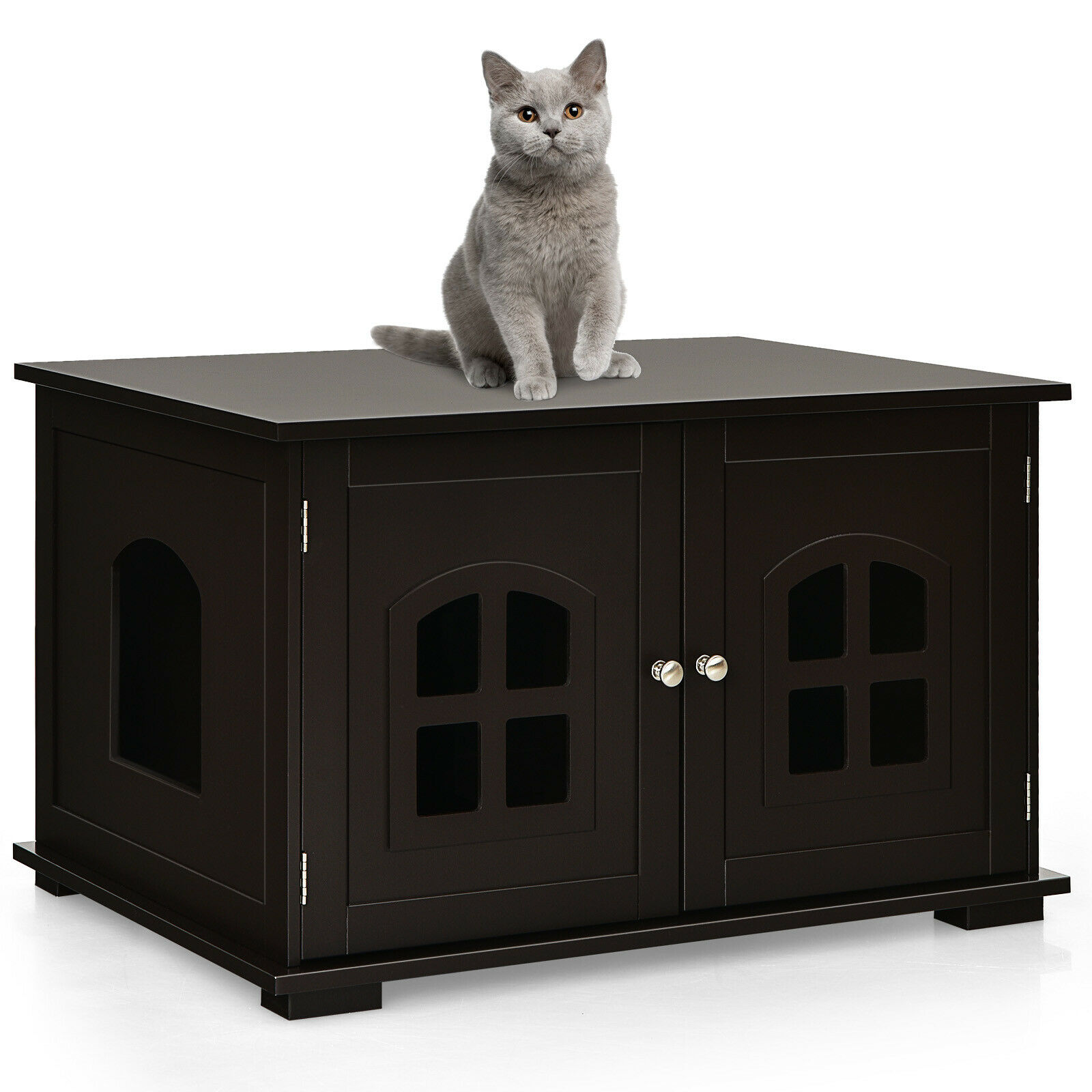 Wooden Cat Litter Box House with Double Doors and Windows