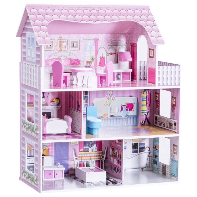 Costway Unisex Wooden Dolls House Playset With Furniture And Accessories Large