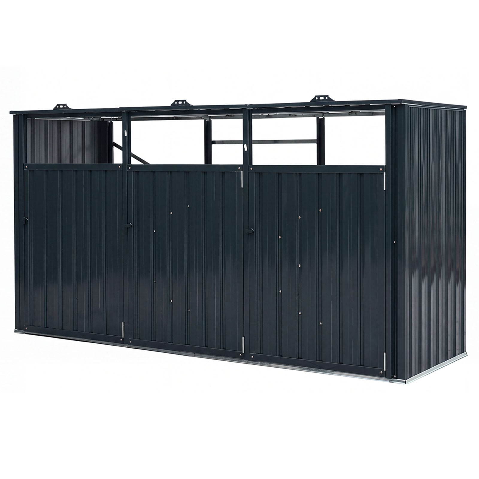 Costway Grey 3-Bin Metal Trash Shed With Flip-Up Lids And Lockable Doors For Backyard