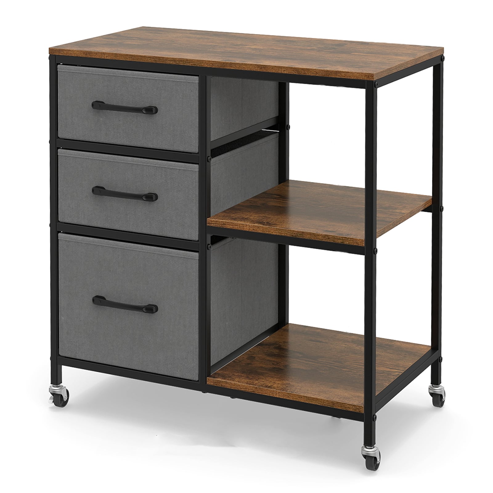 Costway Rustic Brown 3 Drawer Wooden Mobile File Cabinet With Open Storage Shelves-Rusticbrown
