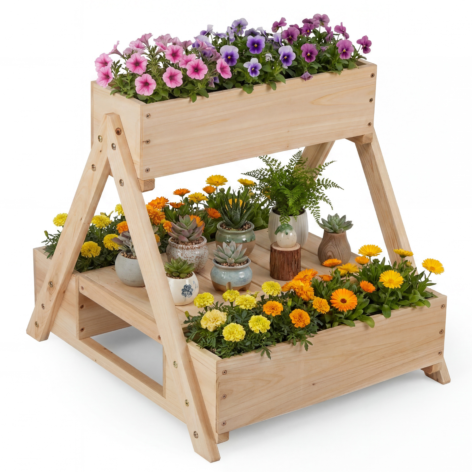 Costway Natural 3 Fir Wooden Planter Boxes With Open Storage Shelf And 3 Drainage Holes