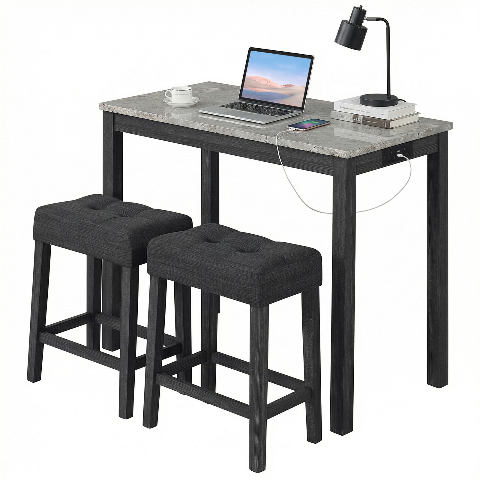 Costway Grey 3-Piece Bar Table Set With Charging Station Modern Counter Height Breakfast Table With Faux Marble Top