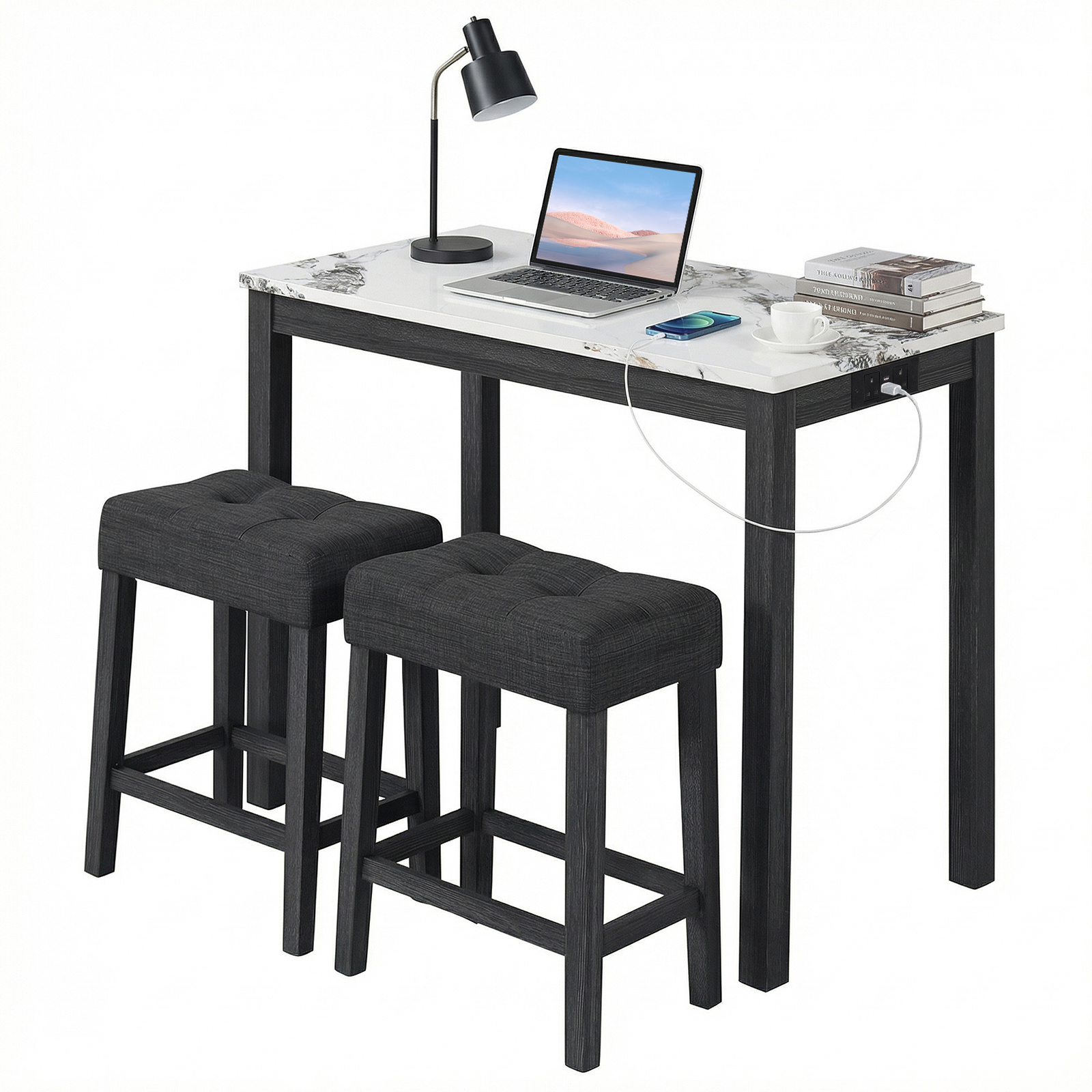 Costway White 3-Piece Bar Table Set With Charging Station Modern Counter Height Breakfast Table With Faux Marble Top