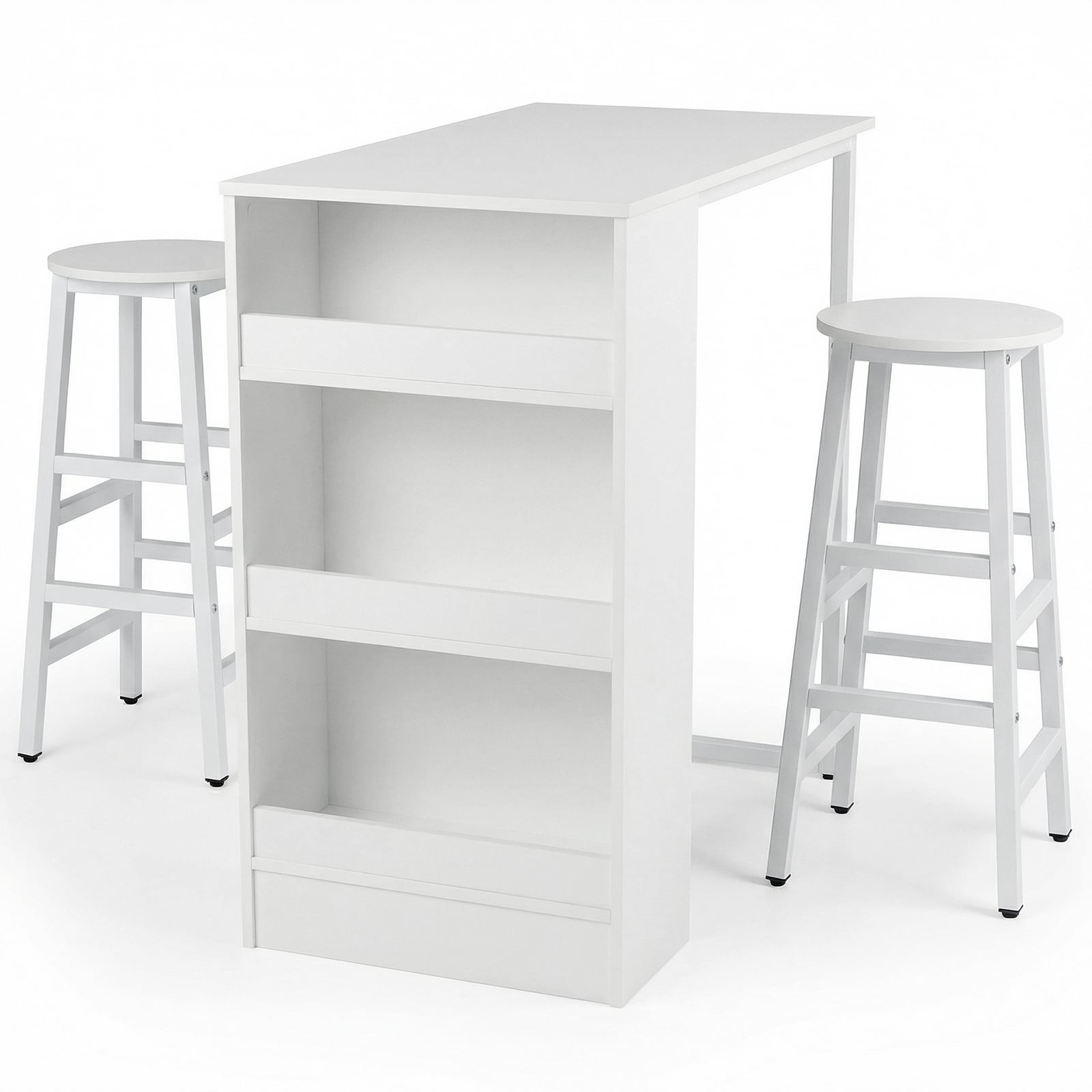Costway White 3-Piece Dining Table Set 91 Cm Counter Height Bistro Table With 3 Storage Shelves