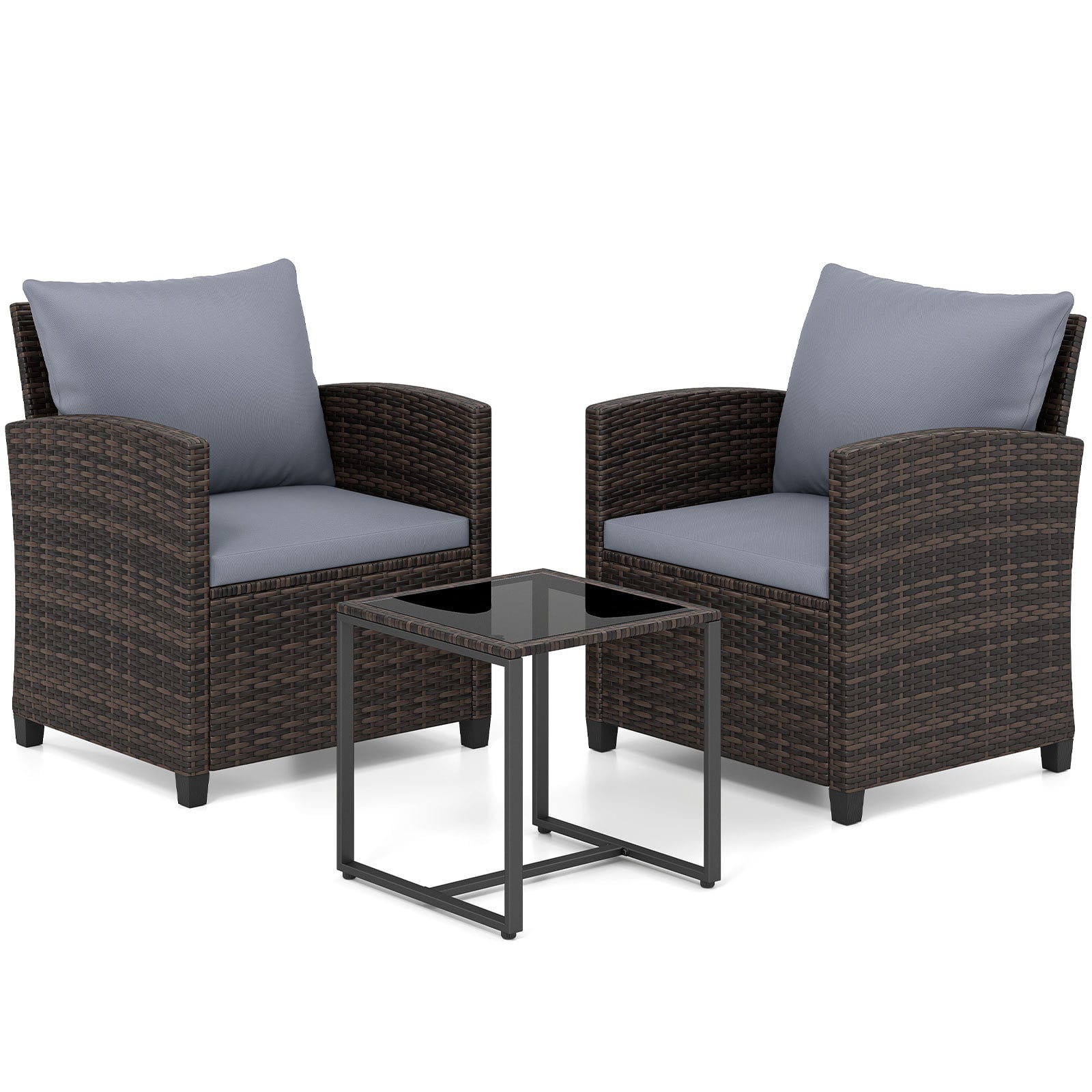Costway Grey 3 Pieces Pe Rattan Wicker Outdoor Bistro Conversation Set With Soft Cushions And Tempered Glass Coffee Table
