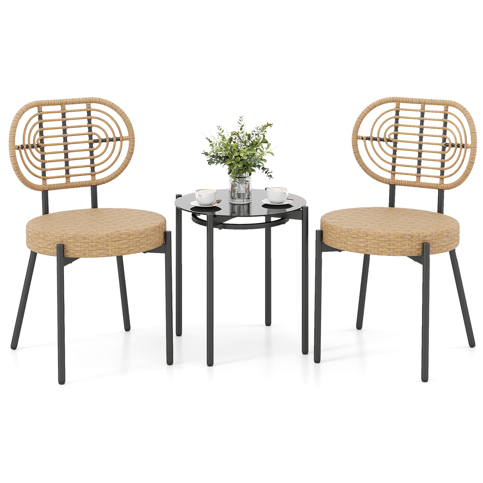 Costway Brown 3 Pieces Pe Wicker Outdoor Bistro Set Patio Conversation Set With Tempered Glass Coffee Table And Rattan Chairs