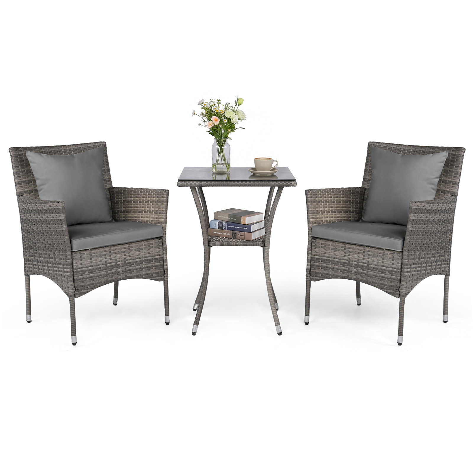 Costway Grey 3 Pieces Patio Wicker Bistro Set 2 Rattan Chairs With Double-Tier Tempered Glass Table