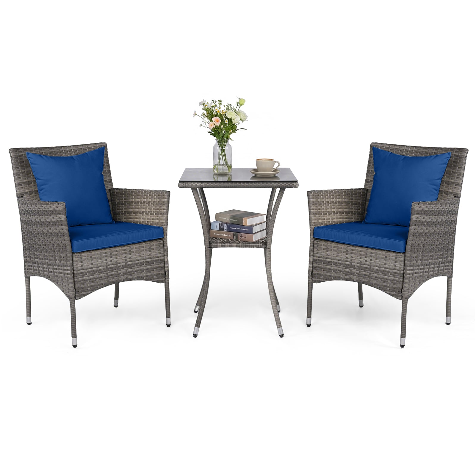 Costway Navy 3 Pieces Patio Wicker Bistro Set 2 Rattan Chairs With Double-Tier Tempered Glass Table