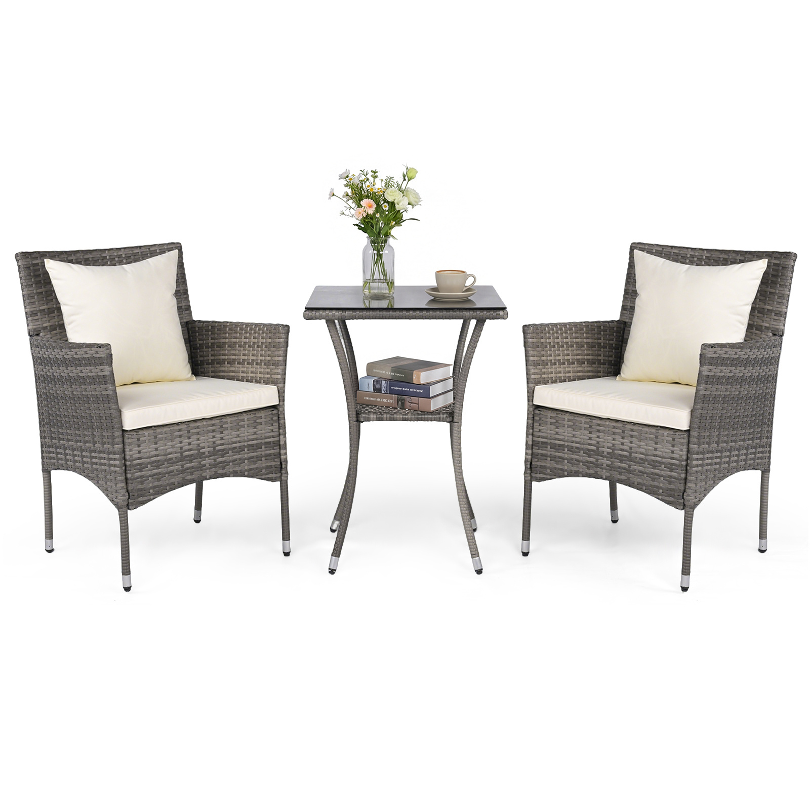 Costway Off White 3 Pieces Patio Wicker Bistro Set 2 Rattan Chairs With Double-Tier Tempered Glass Table