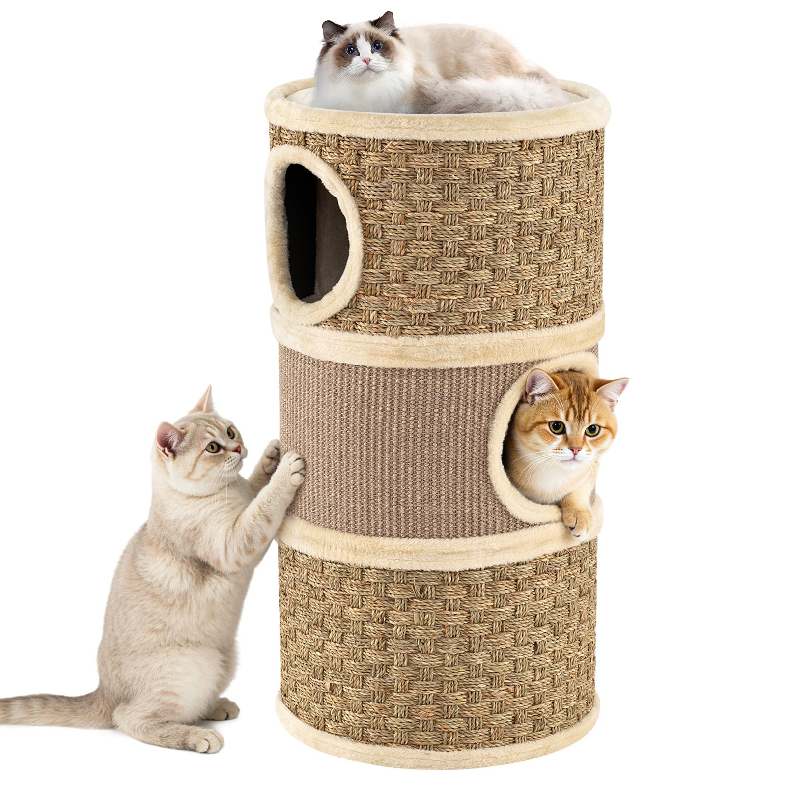 Costway Khaki 3-Story Cat Condo 70Cm Multi-Level Cat Hideaway With Sisal Scratching Pad