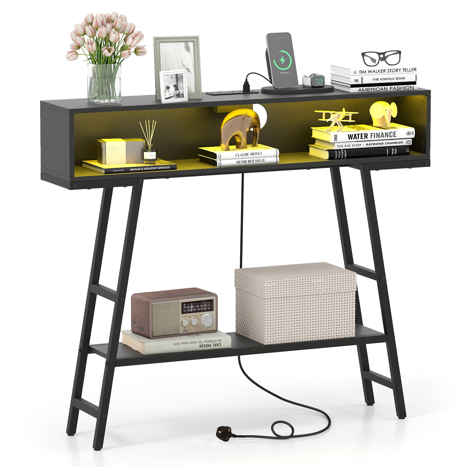Costway Black 3-Tier Console Table With Led Light And Charging Station