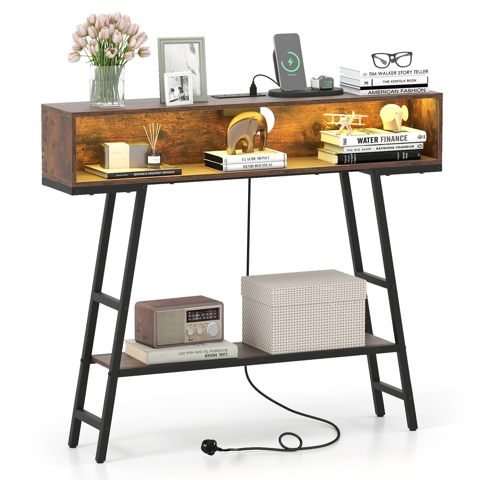 Costway Rustic Brown 3-Tier Console Table With Led Light And Charging Station