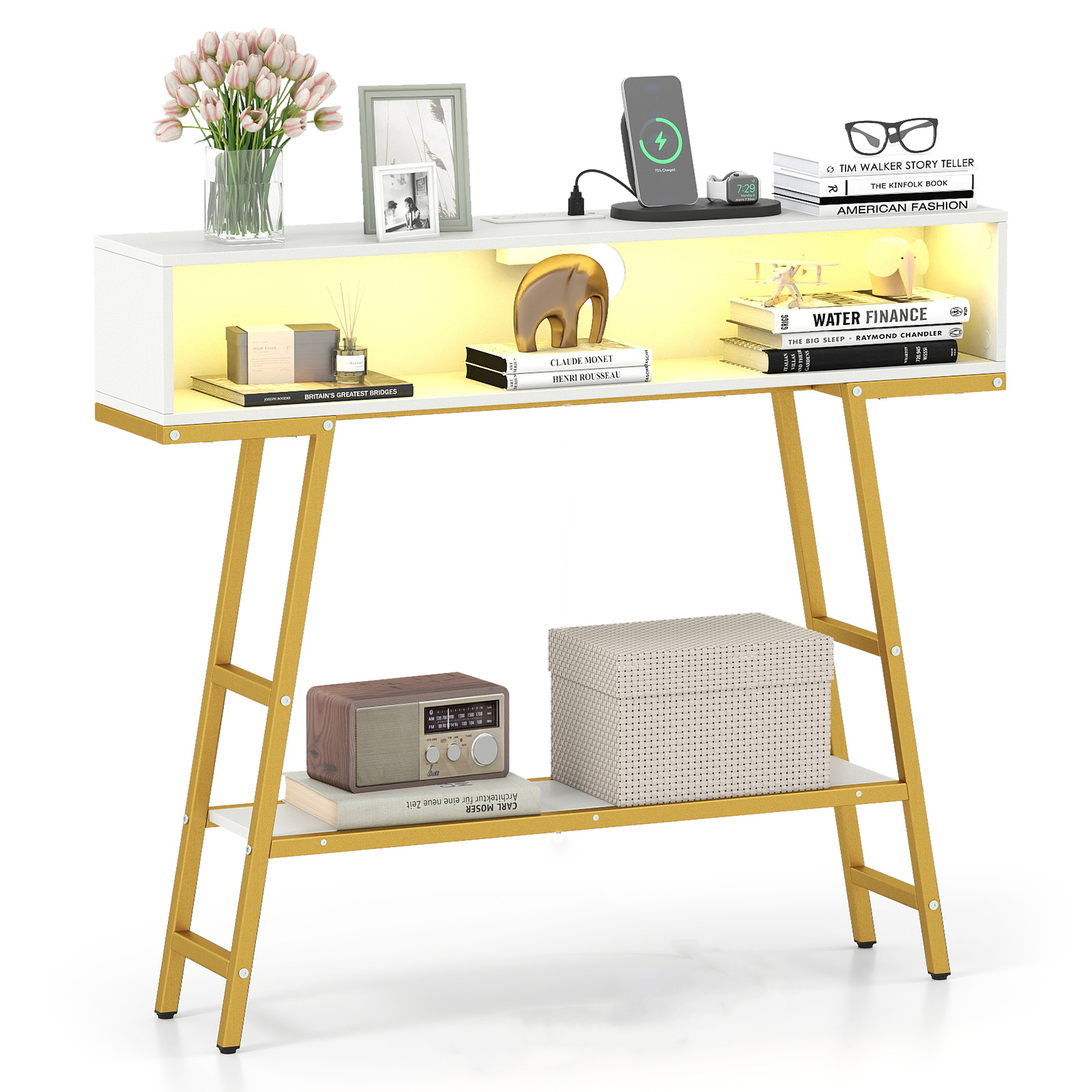Costway White 3-Tier Console Table With Led Light And Charging Station