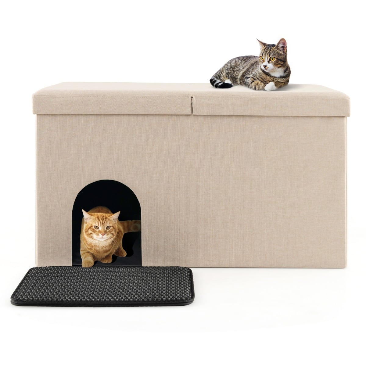 Costway Beige 3-In-1 Hidden Cat Washroom Ottoman Shoe Bench