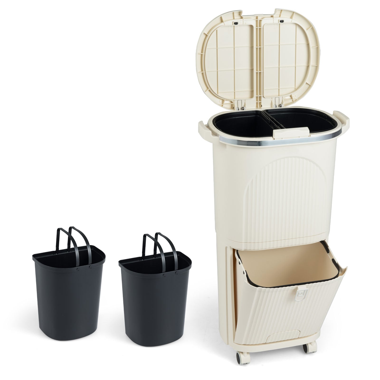 Costway Beige 38L Kitchen Trash Can Sorting Garbage Bin With Lids 2 Detachable Buckets