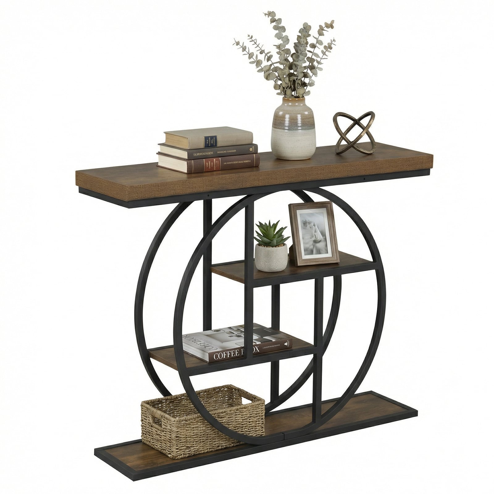 Costway Rustic Brown 4-Tier Console Table 105Cm Entryway Table With Storage Shelves