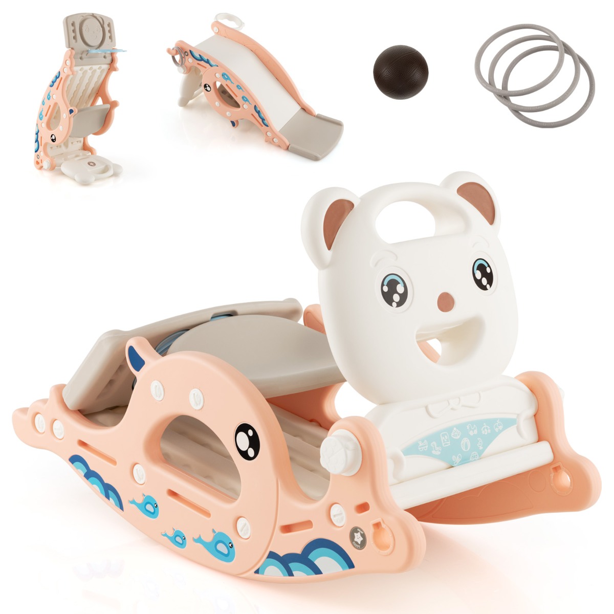 4-in-1 Kids Slide Rocking Horse with Basketball & Ring Toss for Kids 1-4 Years Old-Pink