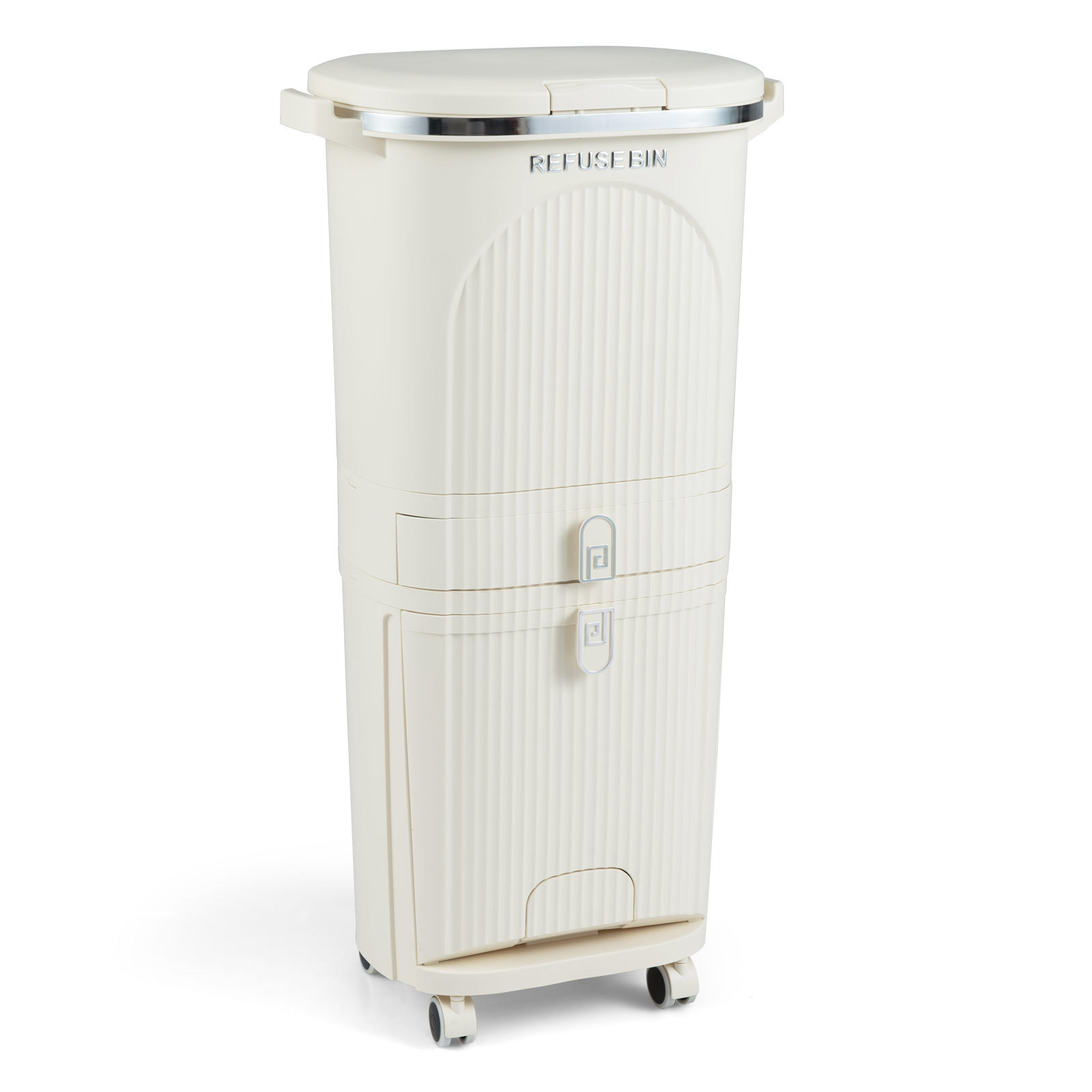 Costway Beige 42L Kitchen Trash Can With Lid And 2 Detachable Buckets