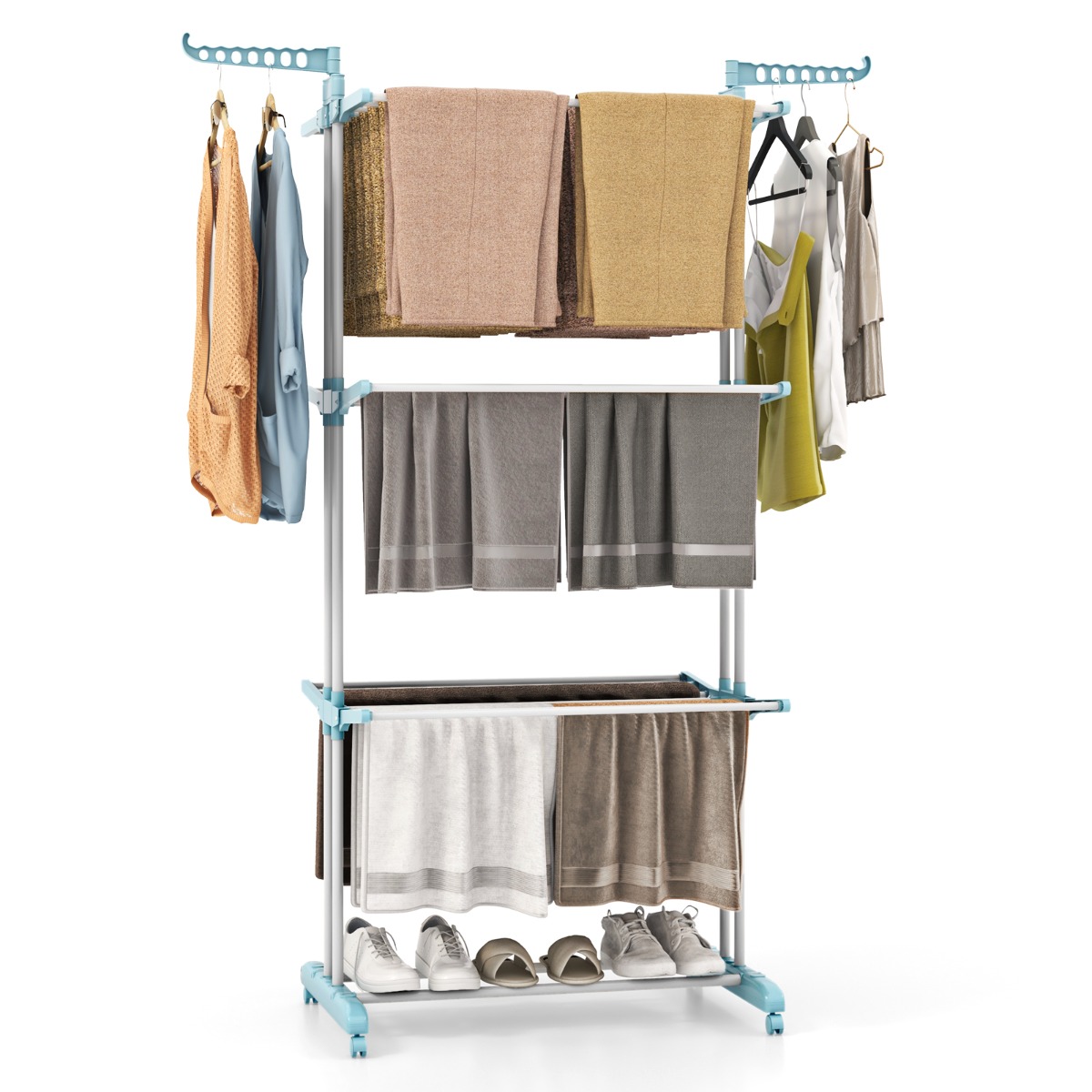 Costway Navy 4-Tier Foldable Airer Clothes Drying Rack With Wings And Casters