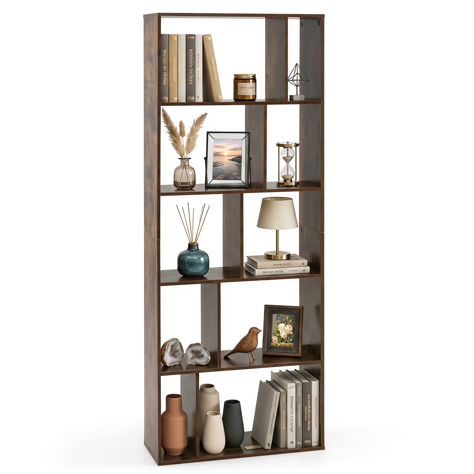 Costway Rustic Brown 5-Tier Geometric Bookshelf With 10 Open Cubbies