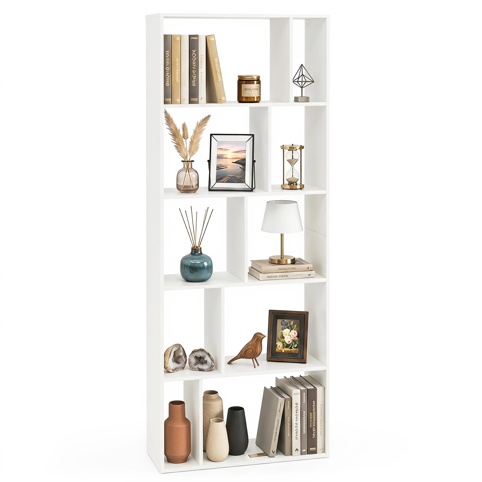Costway White 5-Tier Geometric Bookshelf With 10 Open Cubbies