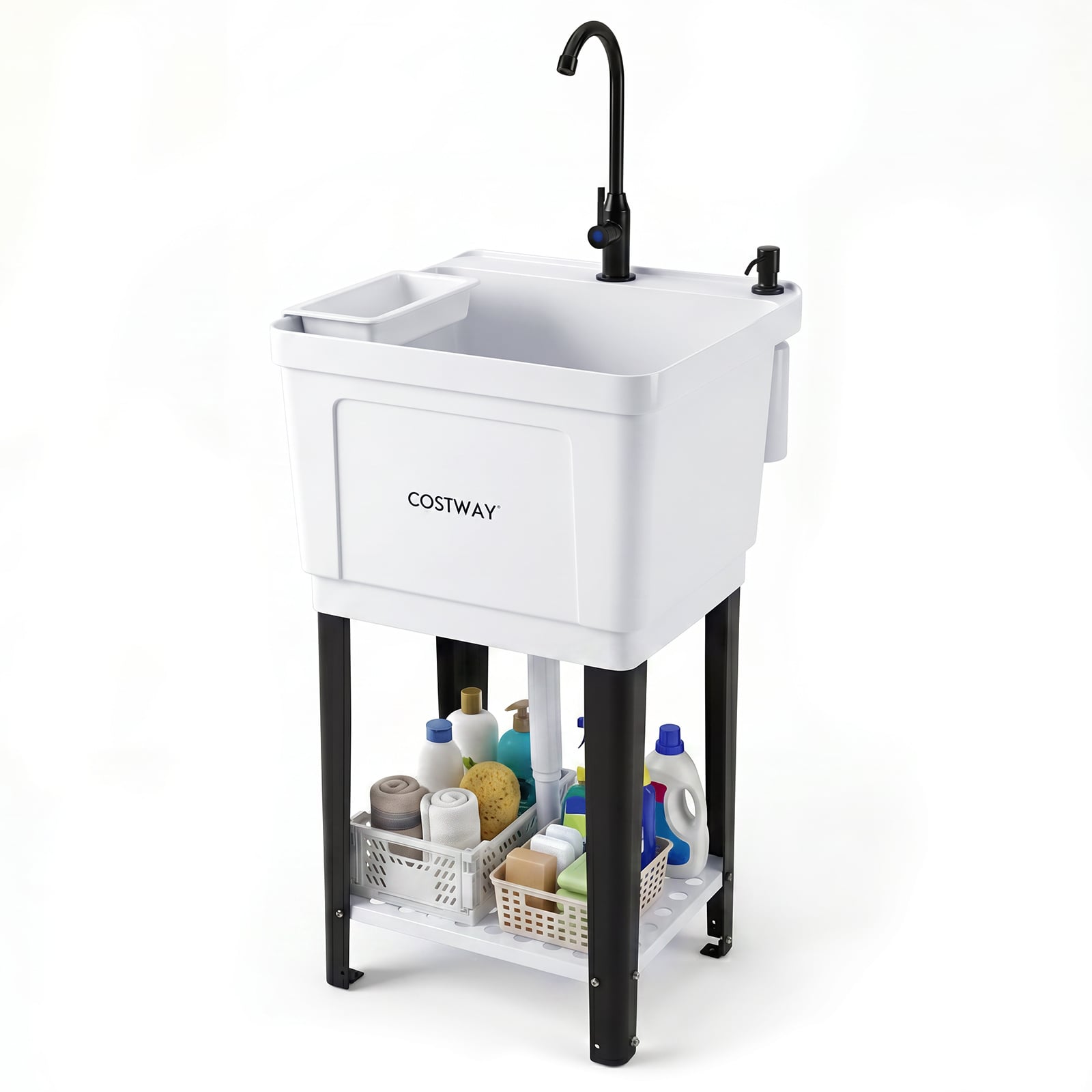 Costway 55L Utility Sink Laundry Tub With Rotating Faucet Storage Shelf Drip Tray Adjustable Legs-S