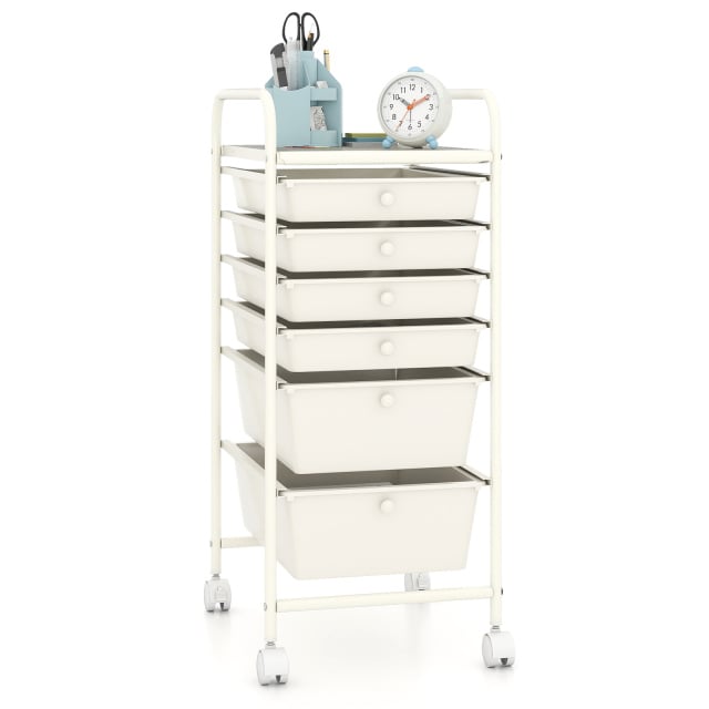 Costway White 6 Drawers Storage Trolley With 4 Wheels For Makeup Beauty Salon