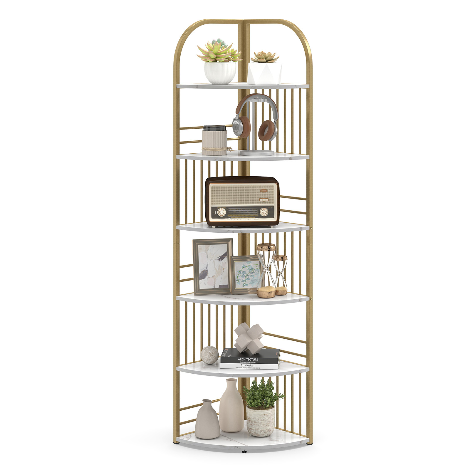 Costway White 6-Tier Corner Shelf Tall Freestanding Corner Bookshelf With Heavy-Duty Metal Frame